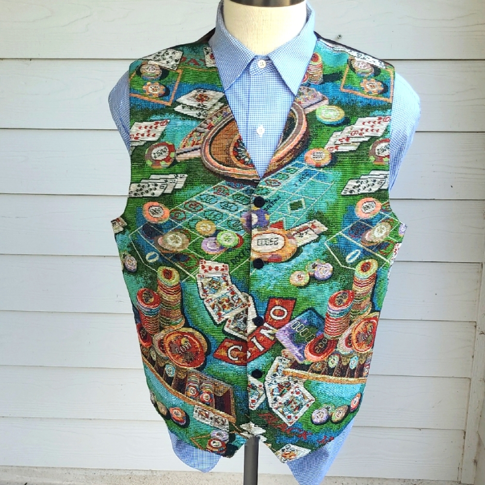 CASINO Theme Attitudes Tapestry Cotton Blend Button Up Mens Vest‎ Sz L VTG RARE